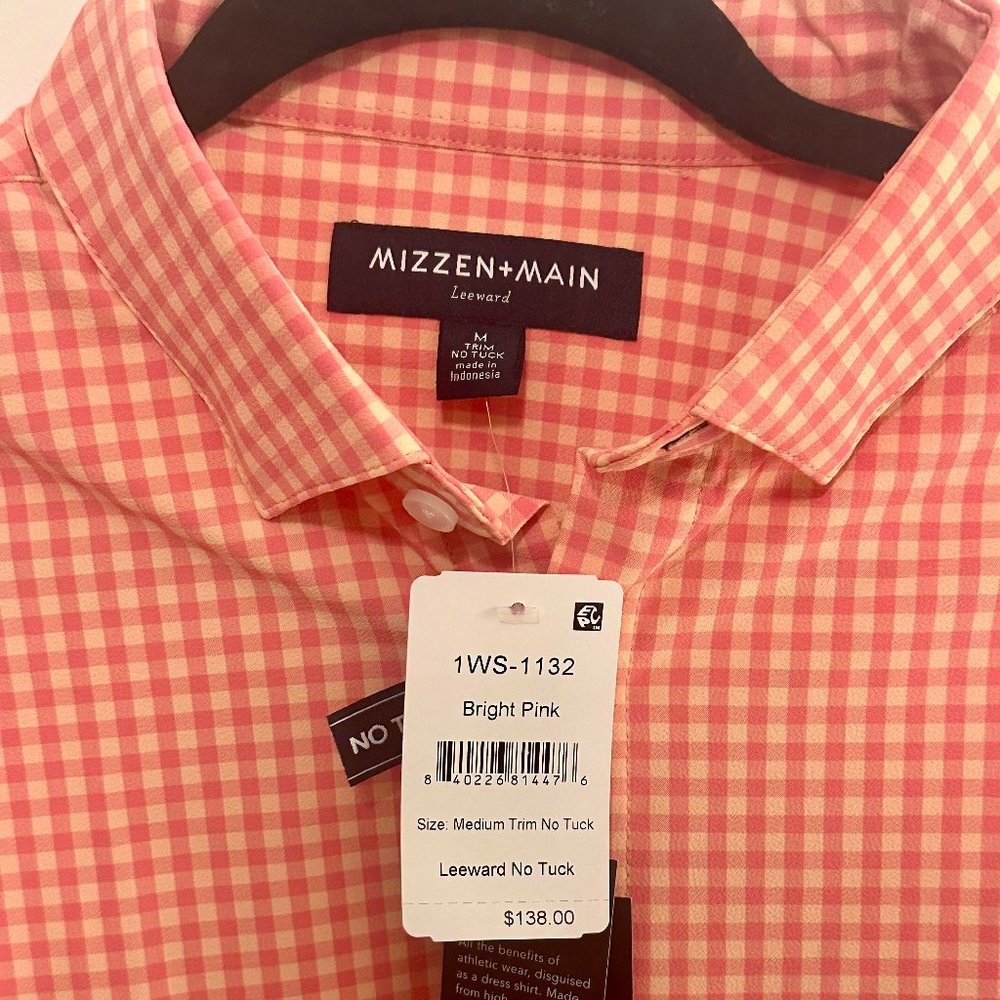 Mizzen+Main Leeward No Tuck Dress Shirt-Tea Rose Micro Gingham-Men’s M NWT